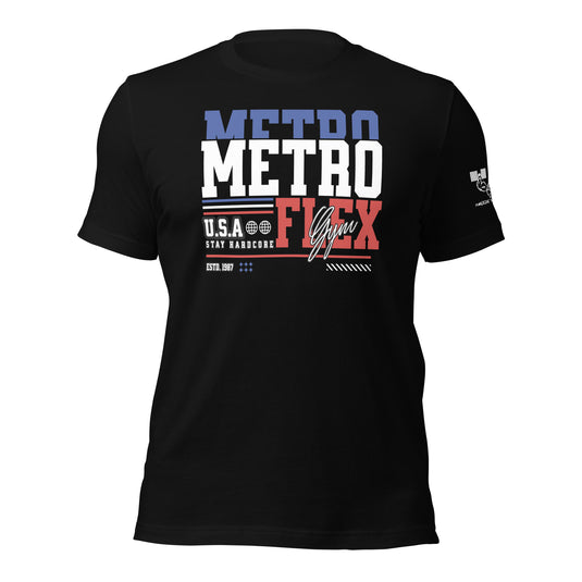 Metroflex Gym USA t-shirt design featuring bold red, white, and blue typography with the tagline 'Stay Hardcore' and 'Est. 1987,' perfect for bodybuilders and fitness enthusiasts.