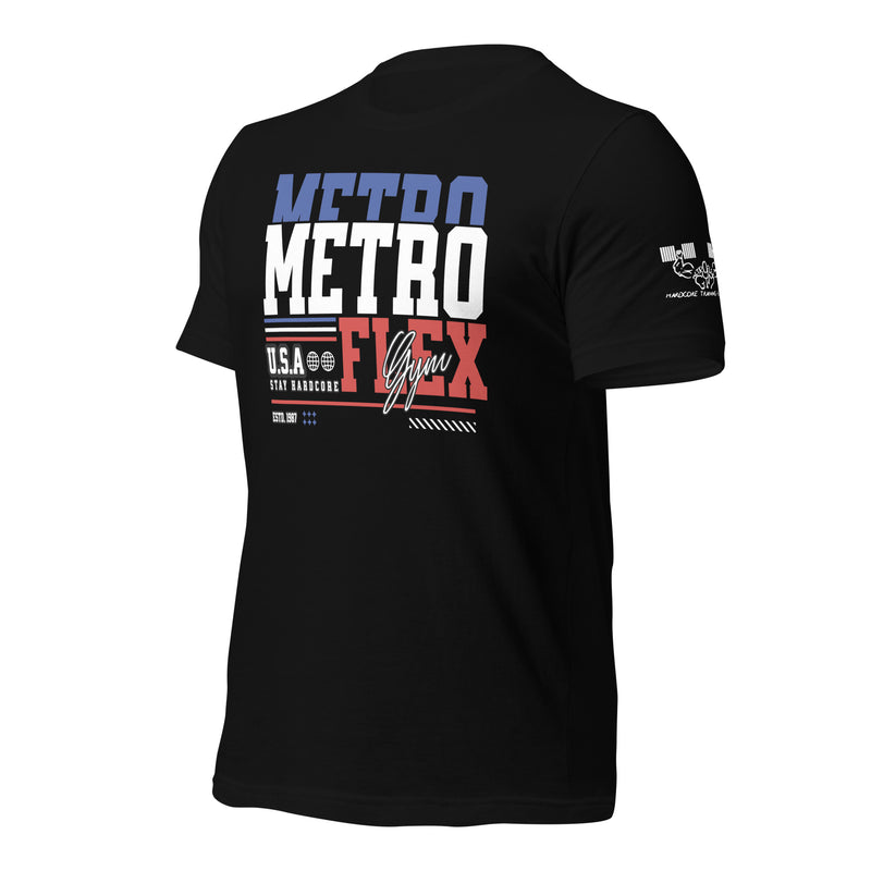 Load image into Gallery viewer, Metroflex Gym USA t-shirt design featuring bold red, white, and blue typography with the tagline &#39;Stay Hardcore&#39; and &#39;Est. 1987,&#39; perfect for bodybuilders and fitness enthusiasts.
