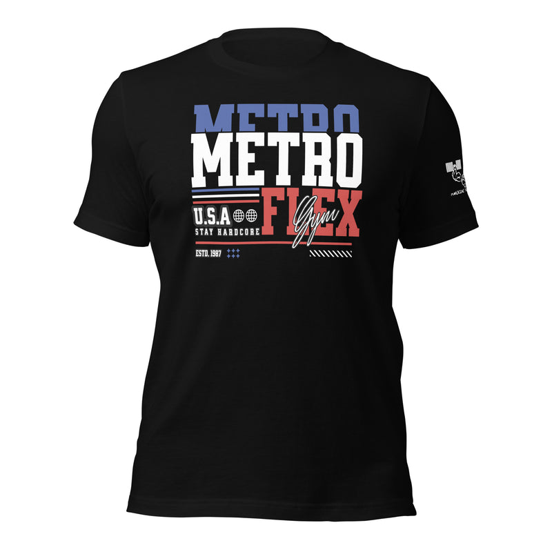 Load image into Gallery viewer, Metroflex Gym USA t-shirt design featuring bold red, white, and blue typography with the tagline &#39;Stay Hardcore&#39; and &#39;Est. 1987,&#39; perfect for bodybuilders and fitness enthusiasts.
