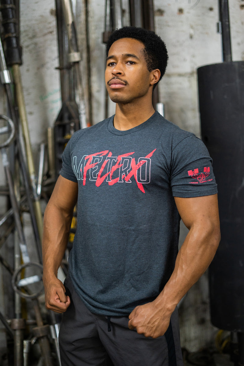 Load image into Gallery viewer, Red &quot;MFLEX&quot; Metroflex Gym T-Shirt | Charcoal | Metroflex Gym
