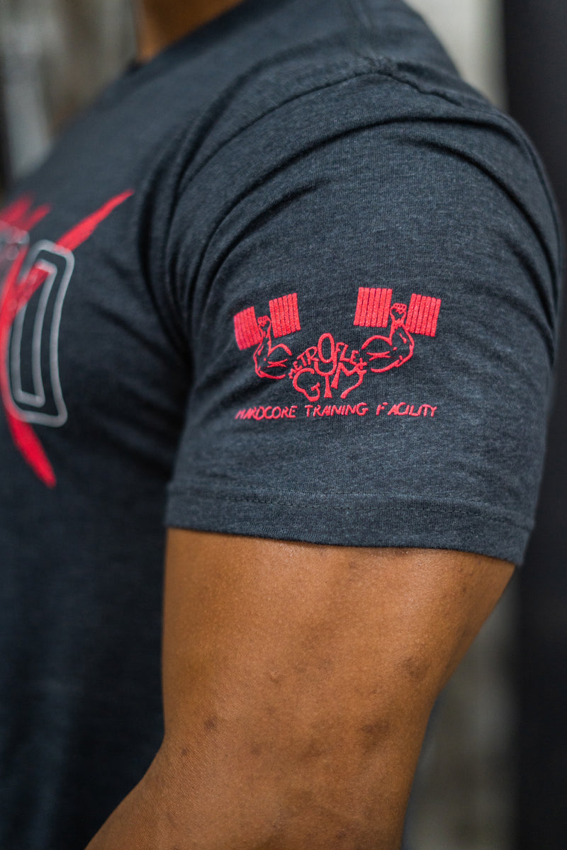 Load image into Gallery viewer, Red &quot;MFLEX&quot; Metroflex Gym T-Shirt | Charcoal | Metroflex Gym
